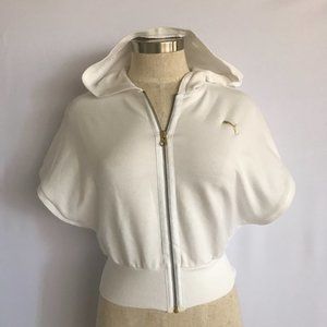 Puma White Short Sleeve Zip Up Hoodie Cropped Jacket Jersey Top Gold Logo Sz S